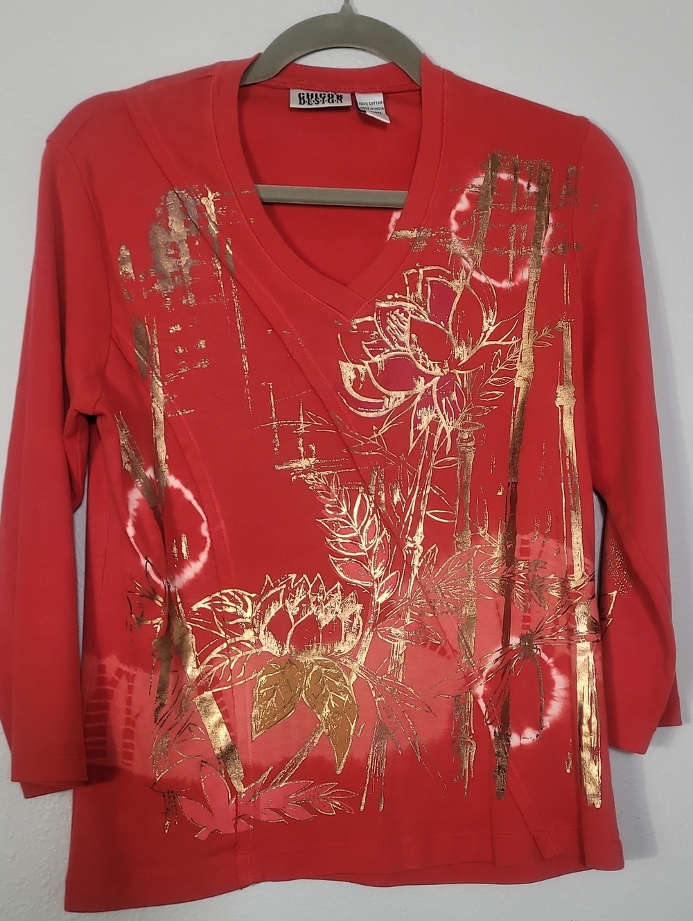 Vintage Chicos Asian Inspired Gold Foil Graphic Top Size S/M Grunge Y2K Artsy